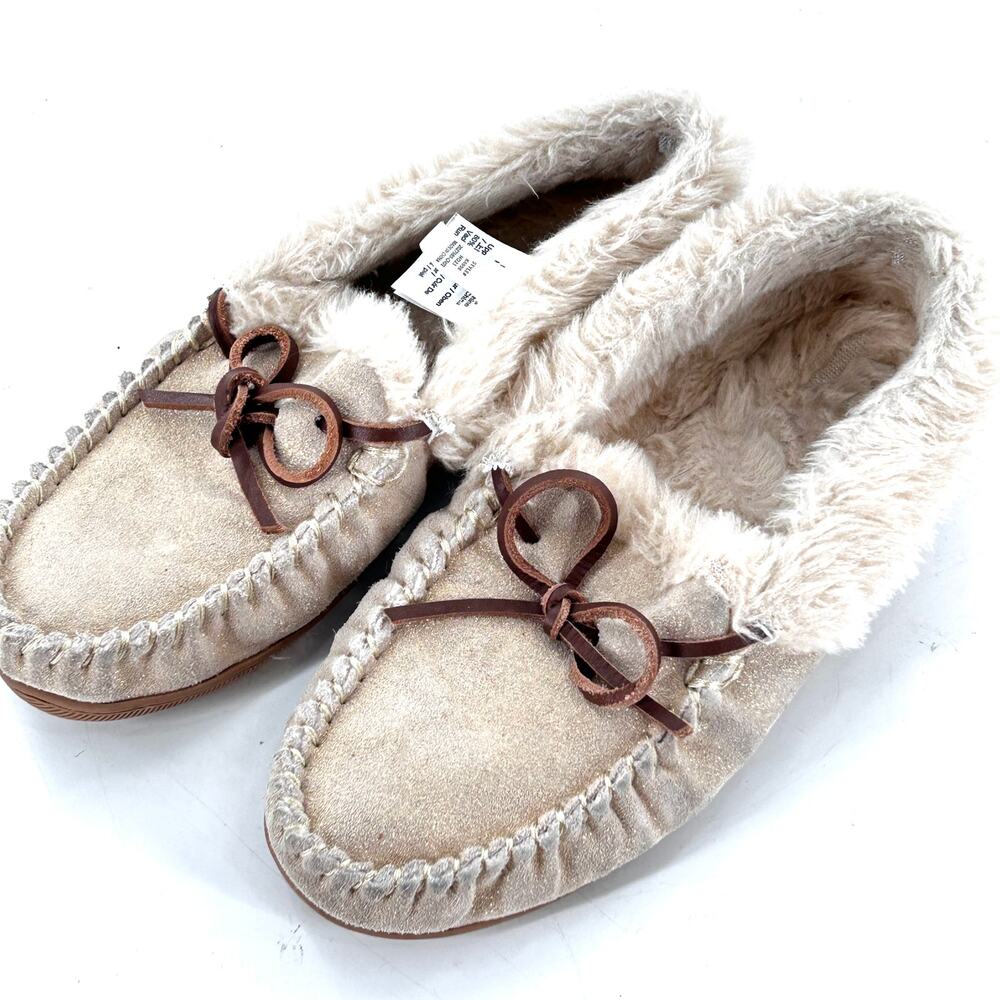 J Crew Faux Shearling Moccasin Slipper 8 Tan Lounge Leather Suede J.Crew BU525